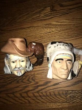 BUFFALO BILL & INDIAN CHIEF Ceramic Mugs BYRON MOLDS 1973 Rare Lot Of 2 Good