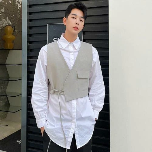 Men Fashion Loose Short Vest Jacket Long Sleeve White Shirt Casual Sets 2PC b48