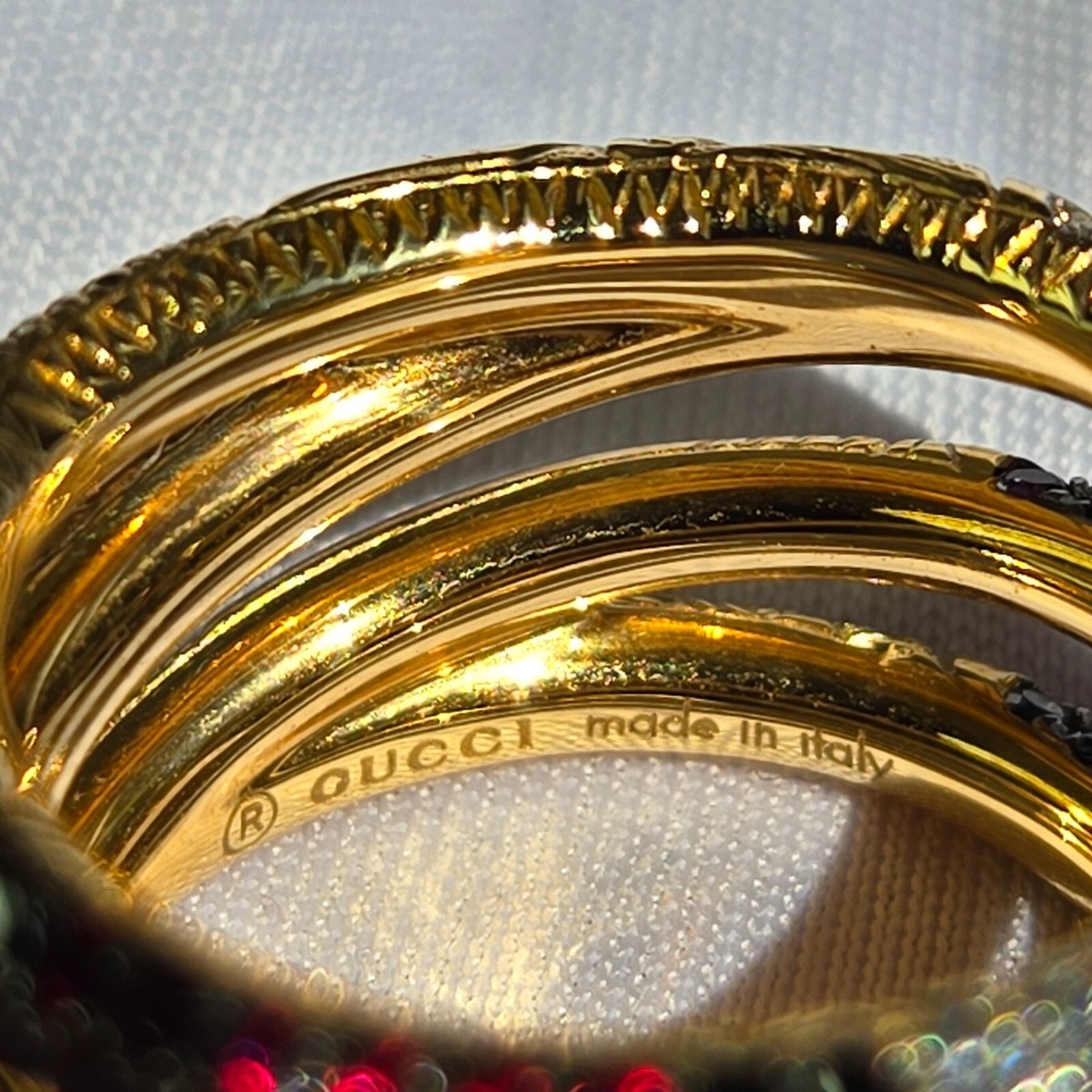 GUCCI 18K YELLOW GOLD OUROBOROS 3 ROW MULTI GEMSTONE DIAMOND RING