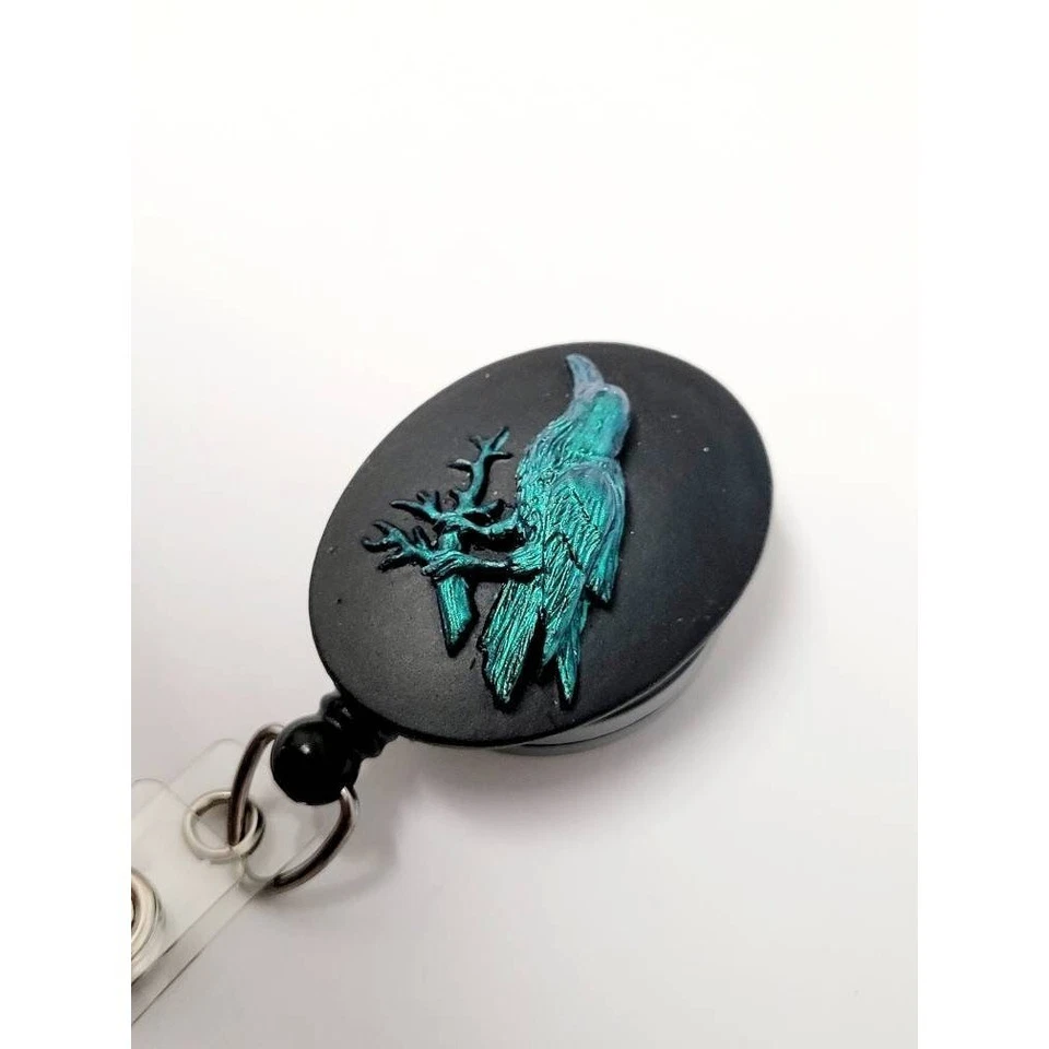 Carrete de insignia de cuervo cuervo verde retráctil para hombres y mujeres titular de la tarjeta de identificación enfermera unisex Foto 2 de 4