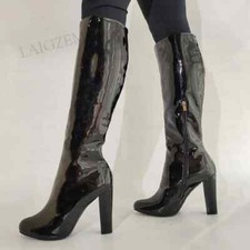Women Knee High Boots Shiny Side Zip Round Toe Thick High Heels Tall Boots Ladie
