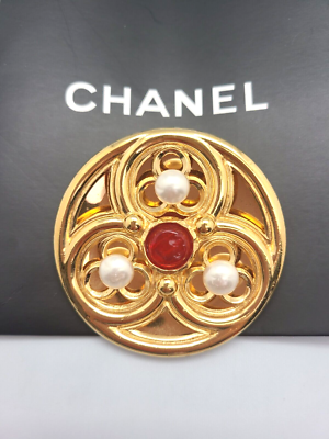 Vintage Chanel gold plated large brooch, 70s, imitated pearl, red 
