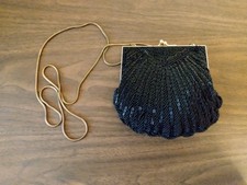 Vintage Small Black Beaded Evening Purse w/Brass Chain - Handmade in China