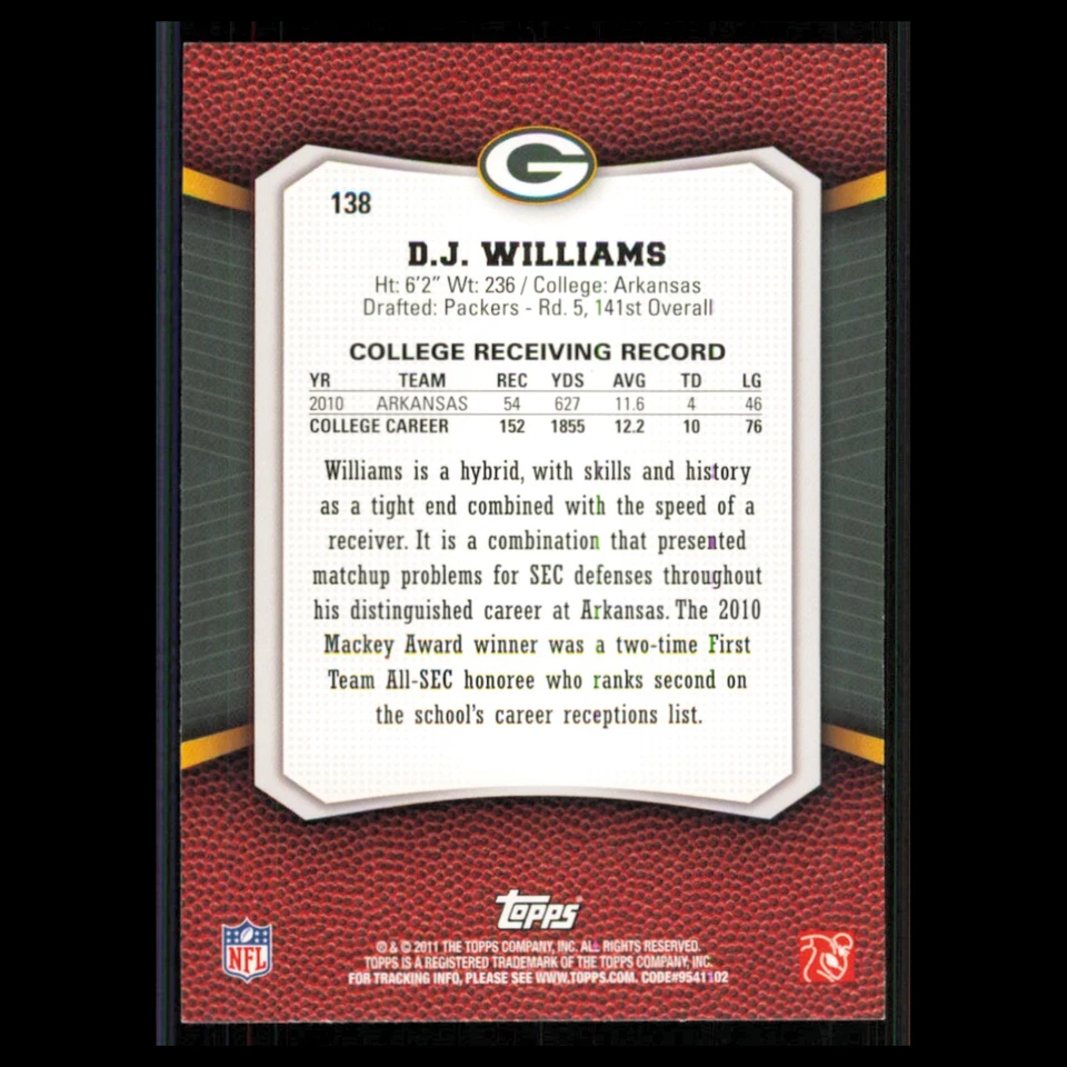 D.J. Williams Rookie #138 2011 Topps Rising Rookies Green Bay Packers Football - Image 2 of 3