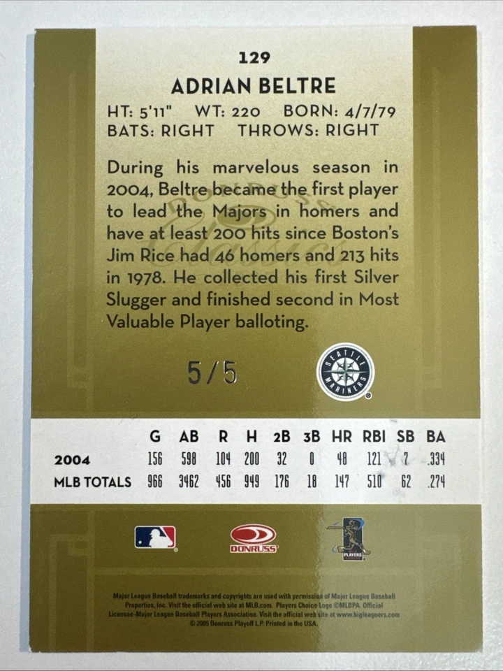 Donruss Classics Adrian Beltré Significant Signatures 2005 automático dorado #/5 #129 Foto 2 de 2