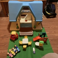 Vintage Little Tikes Blue Roof Dollhouse W/ Little Tikes Furniture,Mom & Dad