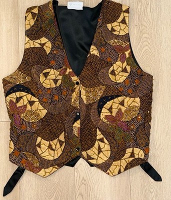 Vintage  Ana Mori Beaded Geometric Pattern Button Vest Brown Gold Women All Size