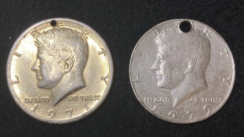 Lot Of Two Kennedy Half Dollars Holed For Jewelry/Pendant One Gold Plated 1970’s