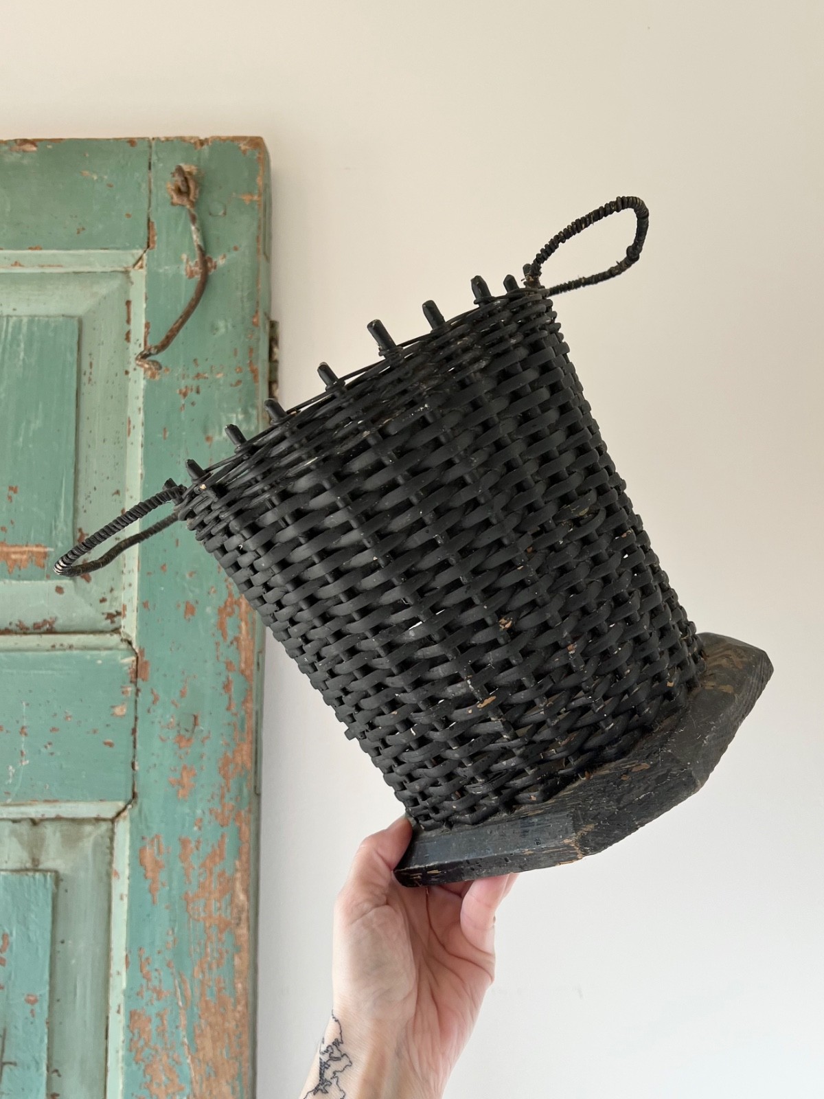 Antique Funeral Flower Basket Black Painted Wicker Woven Mourning Display