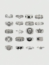 Ancient Silver 20pcs Gothic Punk Skull Star Hollow Ring Set One Size