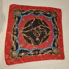 Equestrian Square Scarf Buckles,Straps, Gems Headwrap 19" Red Chains Silk Neck