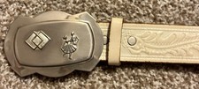 VTG JUSTIN 1970s SQUARE DANCING WESTERN NICKEL SILVER BUCKLE WHITE LEATHER BELT