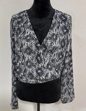 Divided H&M Shirt Size 12 Snake Print Crop Long Sleeve Faux Wrap Top Sheer