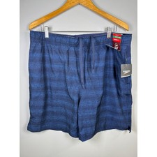 Speedo Mens XL Techvolley Swim Trunks Navy Blue Heathered Stripe UPF 50 NWT