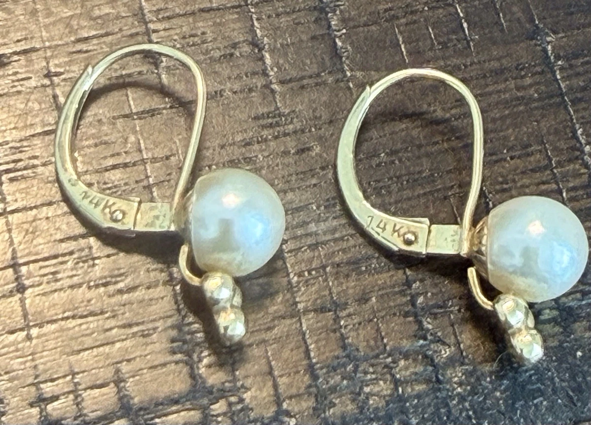 Vintage14K Yellow Gold Leverback Dangle Earrings w/ Round White Pearl Drops 1 in