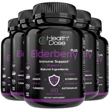 Health Dose Elderberry Plus. Vitamin C, Turmeric and Zinc. 120 Caps. Pack of 5