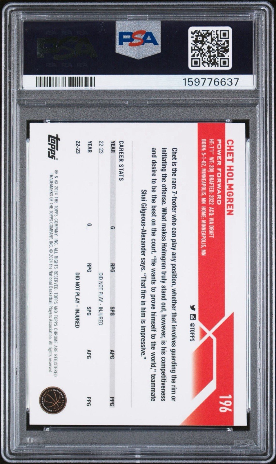 2023 Topps Chrome Chet Holmgren #196 Black Refractor /10 PSA 9 MT view 2