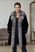 Sheared Fur Coat Black w Gray Fox Fur Ruff Women Size XL Oversized Lined