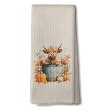 Fall Highland Cow Kitchen Towels, Farmhouse Autumn Floral Highland Cow Dish T...