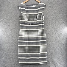 Calvin Klein Dress Womens 10 Gray Stripe Sheath Belted Cap Sleeve Stretch Career