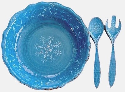 Melamine Rustic Blue Salad Bowl + Fork & Spoon By Mark Charles Misilli MCM New