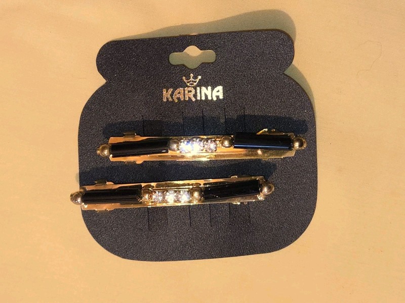 Vtg Pair Karina Barrette Hair Pin Clip Rhinestones Black Goldtone Made in France