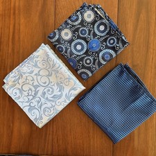 Lot Of 3 Pocket Square Handkerchief Hanky Silk Blue Floral Hand Made 9  