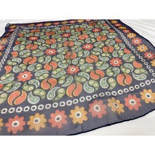 Vintage 1960s Sheer Nylon Flora Paisley Scarf Navy Blue Orange Yellow Hippie Mod