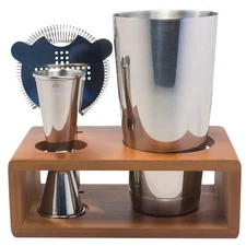 Mixology Boston Cocktail Shaker Set with Hawthorne Strainer Jigger & Wood Stand