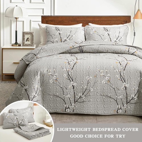 3 Pieces Quilt Set Queen Full Size 88x88 Gray Branch with White Orange Floral... - Picture 3 of 9
