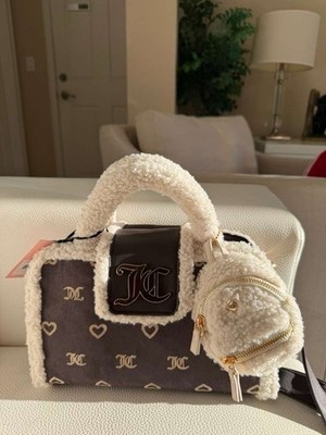 Juicy Couture Satchel Heart Logo Charm Coin Purse Adjustable Strap Brown Cream