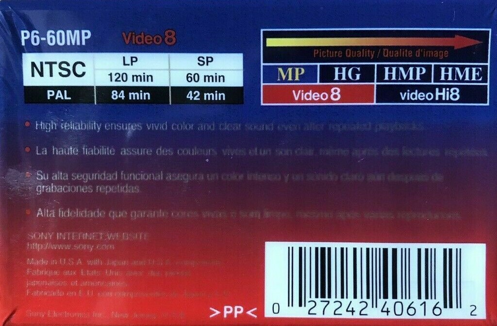 Sony P6-60MP Video8 MP 8mm Cassette Tape 60min Standard Grade