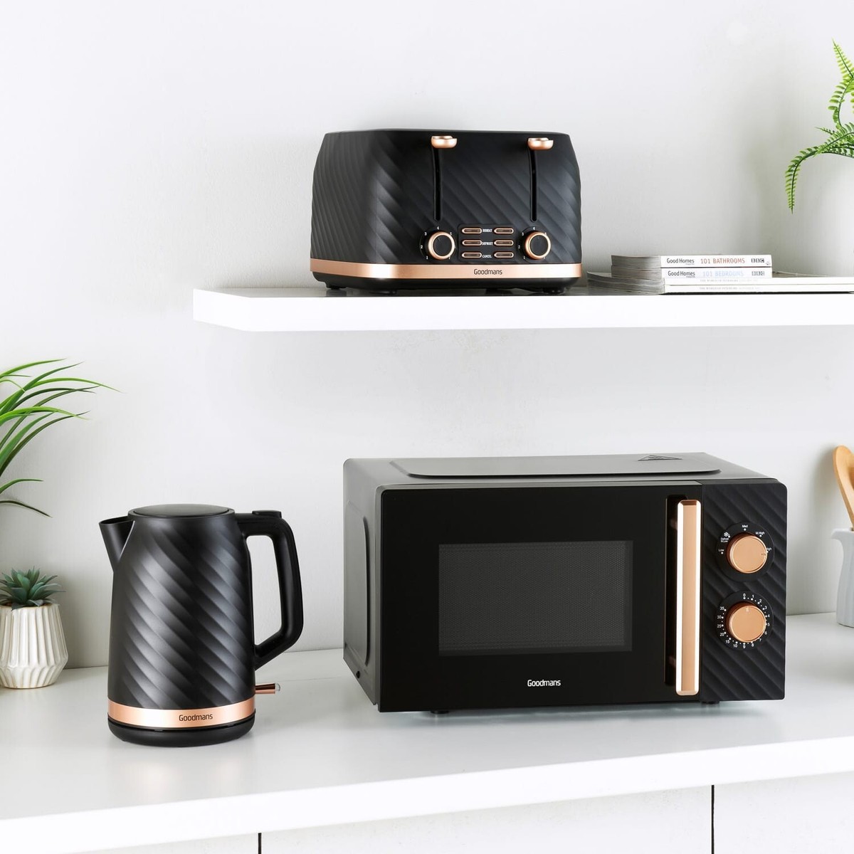 Goodmans Kitchen SET Microwave, Toaster Kettle Black Copper