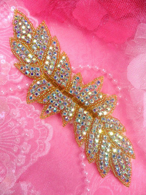 XR55 Gold Beaded Aurora Borealis Crystal AB Rhinestone Applique 7'' (XR55-glab)