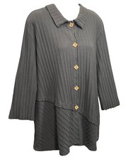 Focus Casual Life Jacket Size Large Gray Striped Textured Knit Cotton Button Top