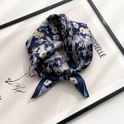 100% Silk Mulberry 20'' square Scarf Women Neckerchief Wrap Dark Blue Flowers