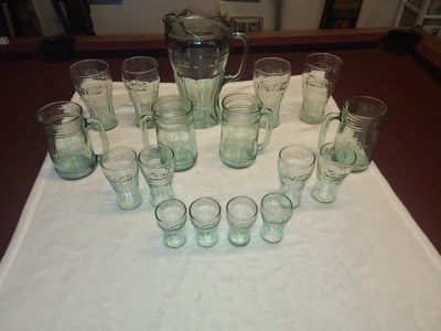 Vintage Green Coca-Cola Glass Collection With Pitcher 17 Pieces