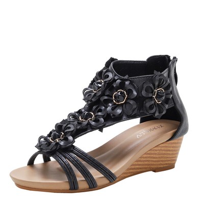 Women Bohemia Bead Zip Flower Wedge Low Heel Casual Sandals Round