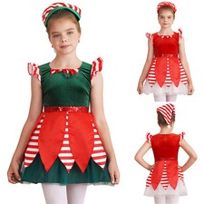 UK Kids Girls Christmas Elf Costume Princess Velvet Dress with Santa Hat Outfits