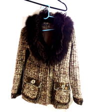 Gaby & Eden Size M White& Brown Blend Jacket/coat W/ Faux Fur