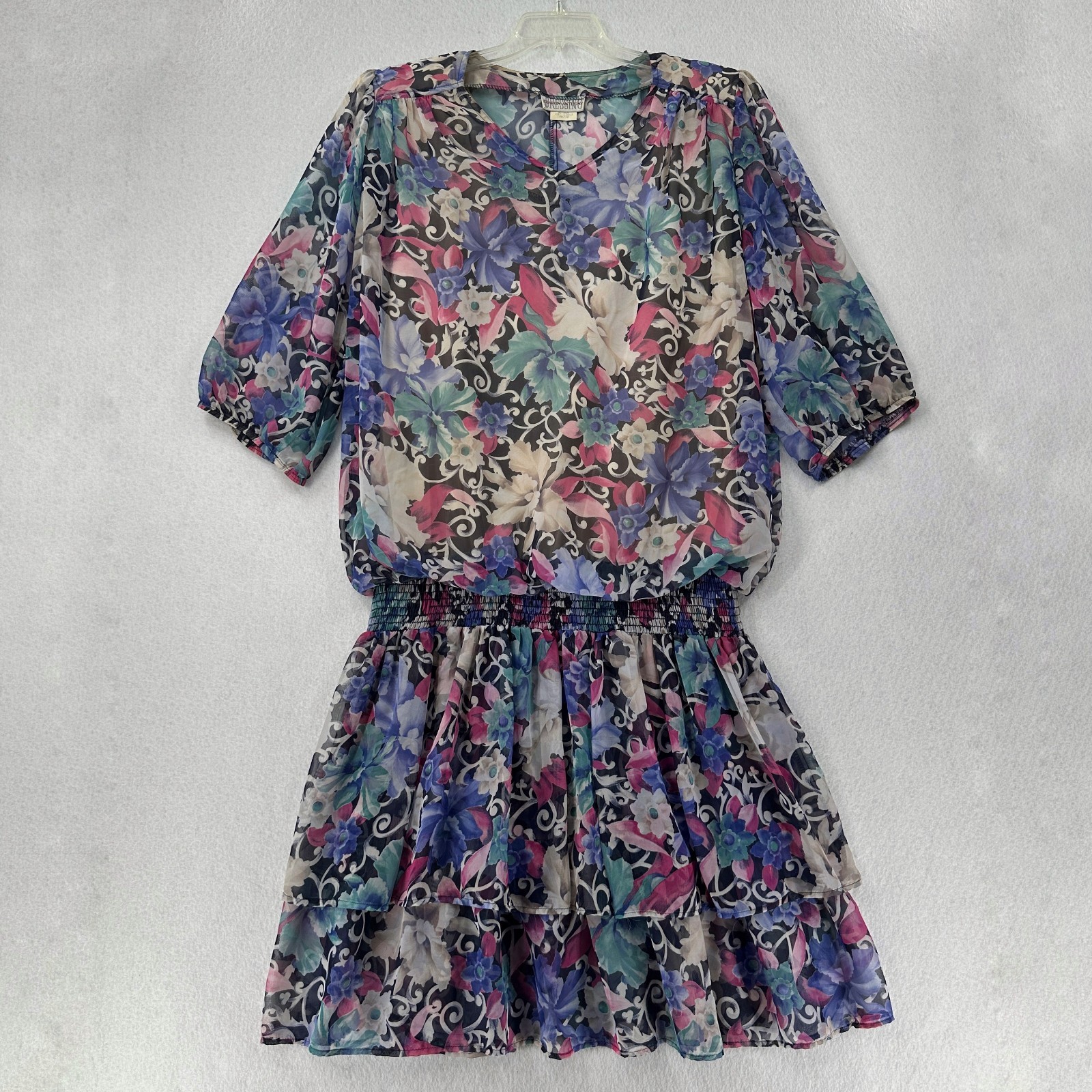 Vtg Sharon Anthony Dress 18W Drop Waist Floral Chiffon Shoulder Pad 80s 90s