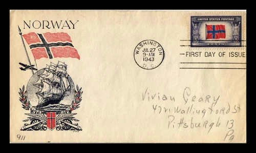 US COVER FIRST DAY OF ISSUE NORWAY 5 CENT POSTAGE WASHINGTON DC 1943