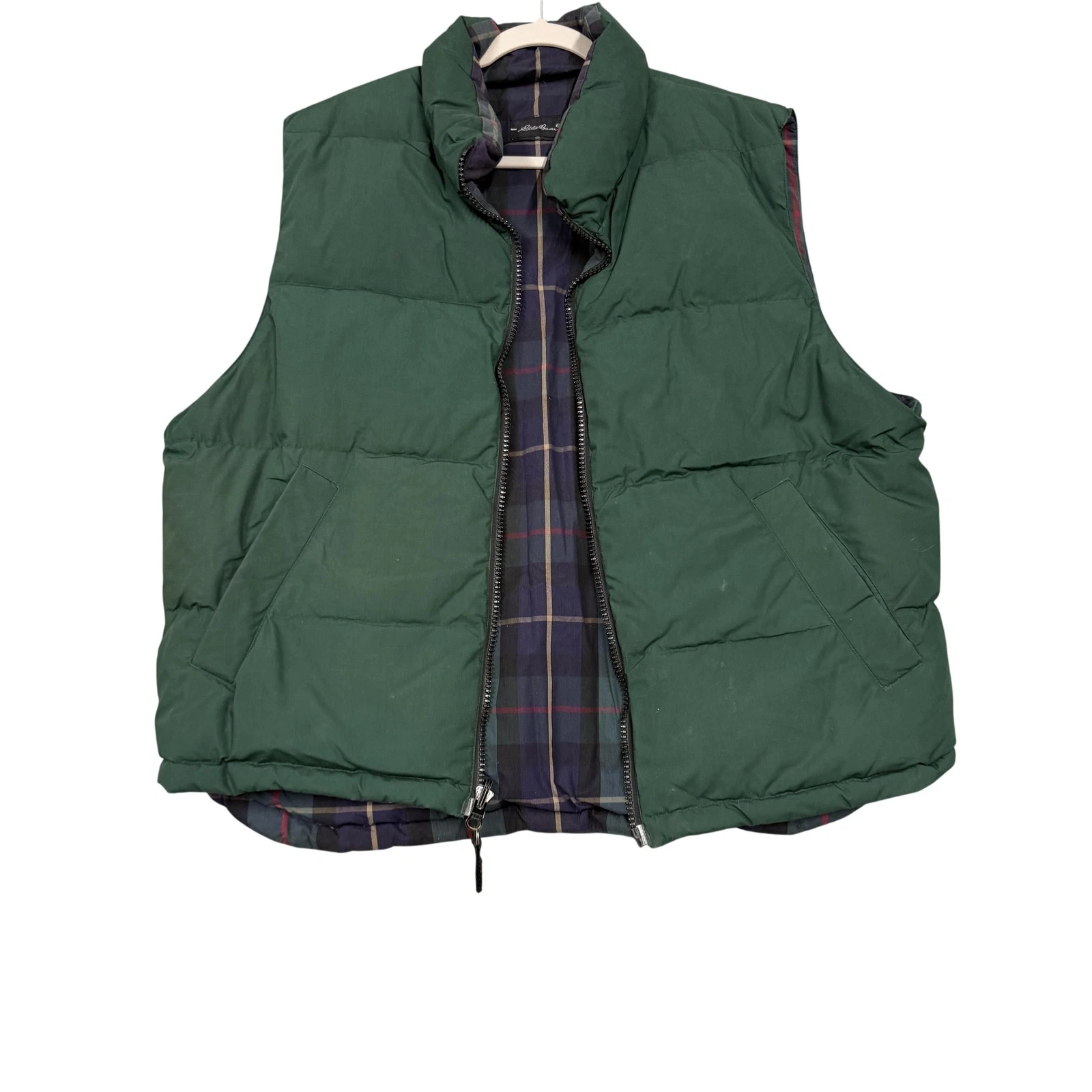 Eddie Bauer Vest Mens Large Green Goose Down Puffer Quilted Reversible Outdoor