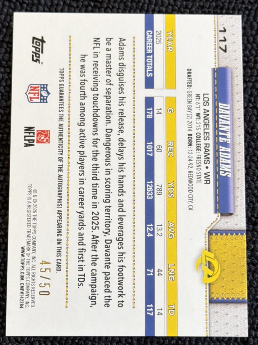 Devante Adams Rams 2026 Topps Flagship - Davante Adams Autograph Gold Foil /50 Rams #117 ...