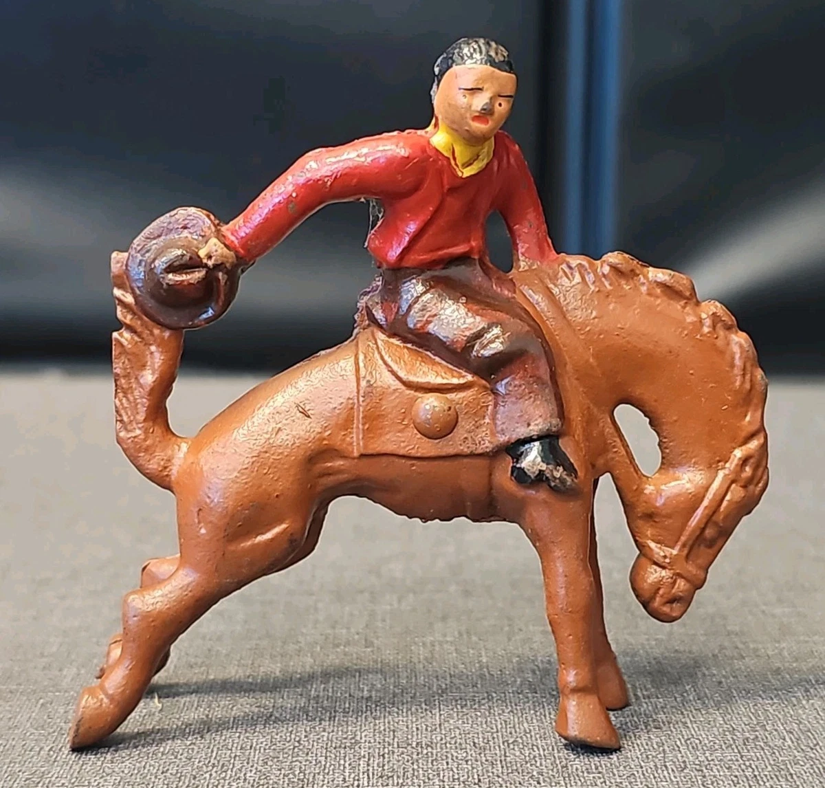 ORIGINAL EARLY IRON CAST TOY COWBOY MOUNTED ON HORSE EX