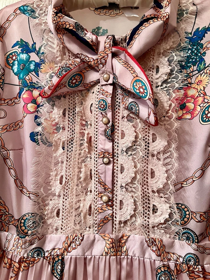 RARE Dalia MacPhee Floral Print Dress Long Sleeve Pink MulticolorPearls Women's - Image 4 of 4