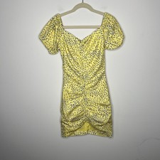 Lavish Alice Dress Womens 2 Yellow Floral Ruched Puff Sleeve Bodycon Sweetheart