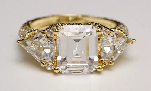 Vintage JUDITH RIPKA Gold Tone Sterling Cubic Zirconia Diamonique 3 Stone Ring