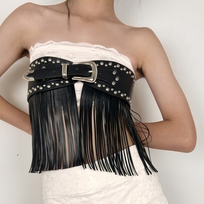 Women Faux Leather Wide Waist Belt Waistbands Tassel Buckle  display picture 2