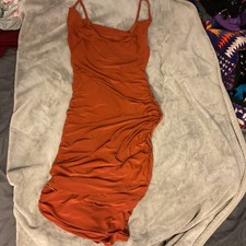 boohoo maternity Orange Ruched Bodycon Midi Dress Sleeveless Scoop Neck US 8